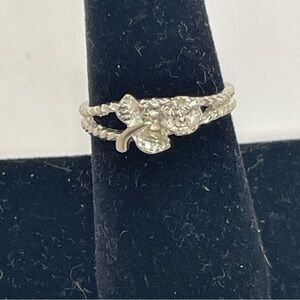 Silver Tone Rose Ring with Braid Band Size 7.5